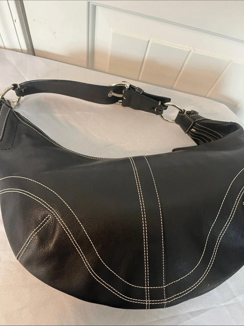 Coach Black Leather Hobo with White Contrast Stitching